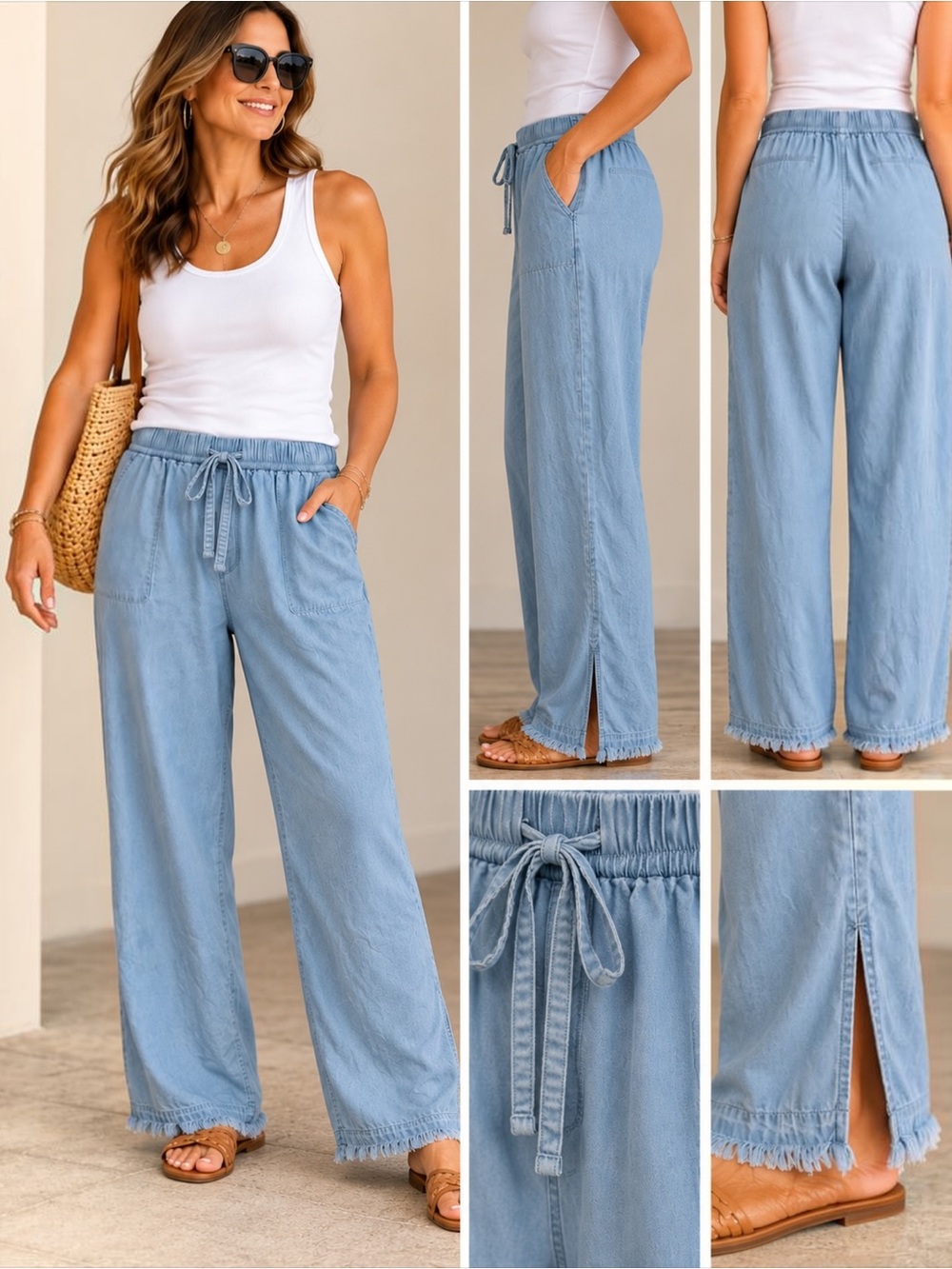 Zac & Rachel XL Tencel Chambray Wide Leg Crop Pants Drawstring Frayed Hem Blue